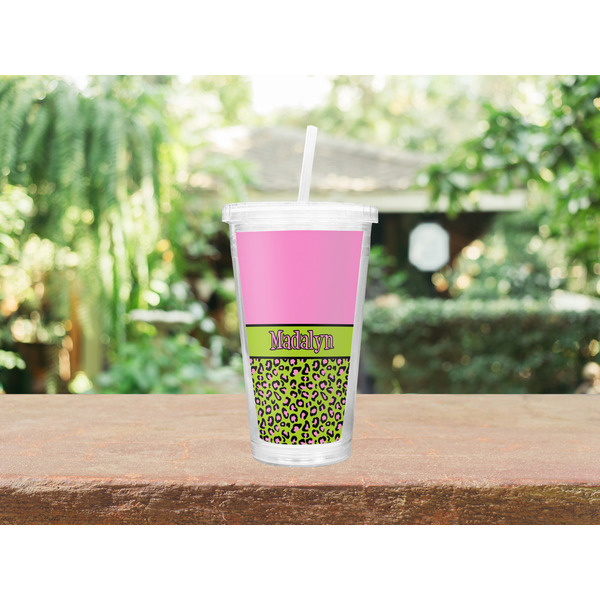 Pink & Lime Green Leopard Double Wall Tumbler with Straw Lifestyle