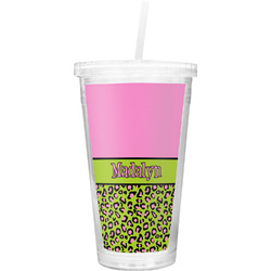 Pink & Lime Green Leopard Double Wall Tumbler with Straw (Personalized)