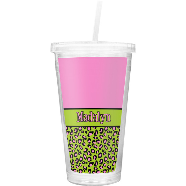 Custom Pink & Lime Green Leopard Double Wall Tumbler with Straw (Personalized)