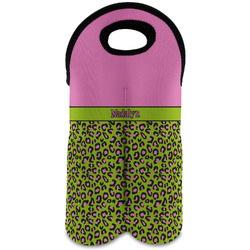 Pink & Lime Green Leopard Wine Tote Bag (2 Bottles) w/ Name or Text