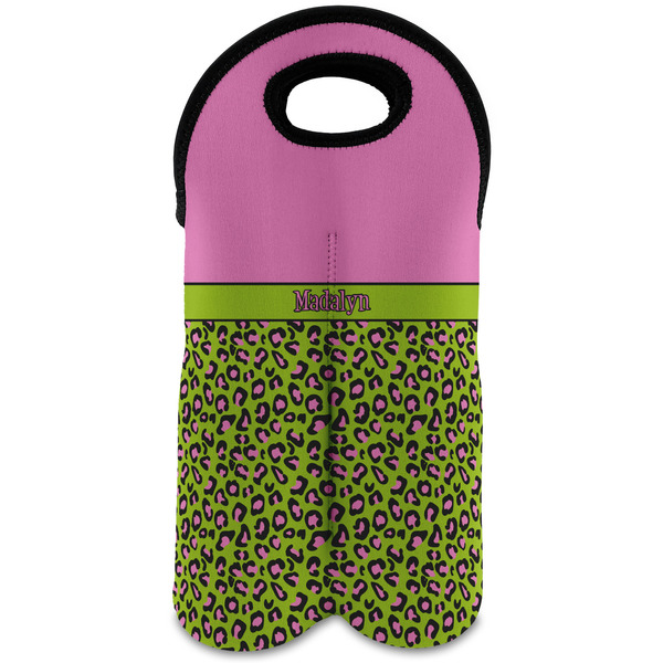 Custom Pink & Lime Green Leopard Wine Tote Bag (2 Bottles) w/ Name or Text