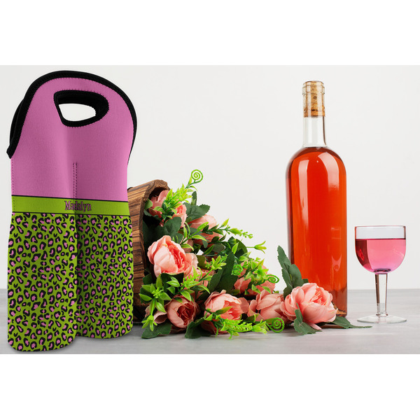 Pink & Lime Green Leopard Double Wine Tote - LIFESTYLE (new)