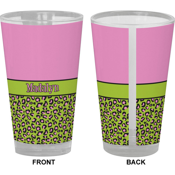 Pink & Lime Green Leopard Pint Glass - Full Color - Front & Back Views