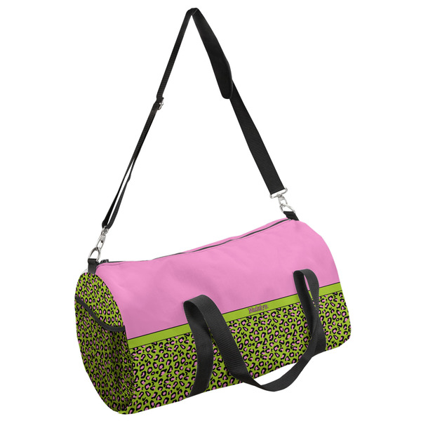 Custom Pink & Lime Green Leopard Duffel Bag - Small (Personalized)