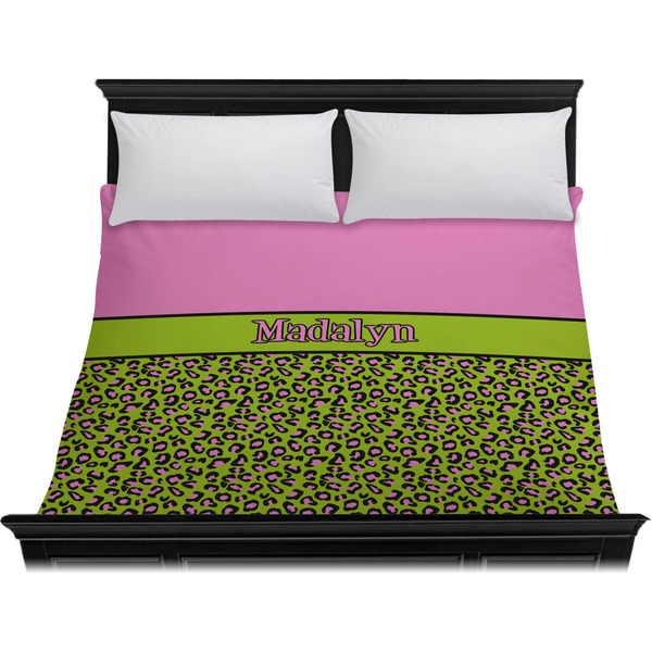Pink & Lime Green Leopard Duvet Cover - King - On Bed - No Prop