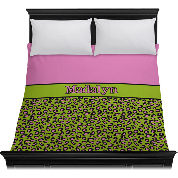 Pink & Lime Green Leopard Duvet Cover - Queen - On Bed - No Prop
