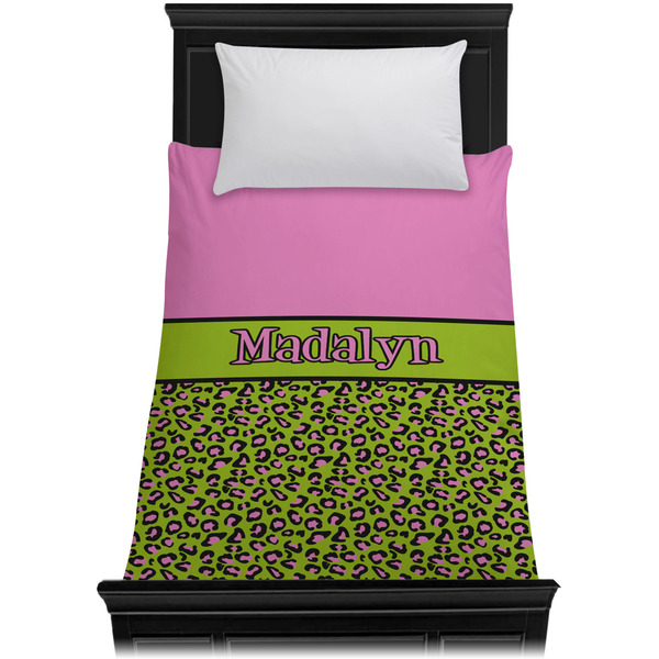 Pink & Lime Green Leopard Duvet Cover - Twin - On Bed - No Prop