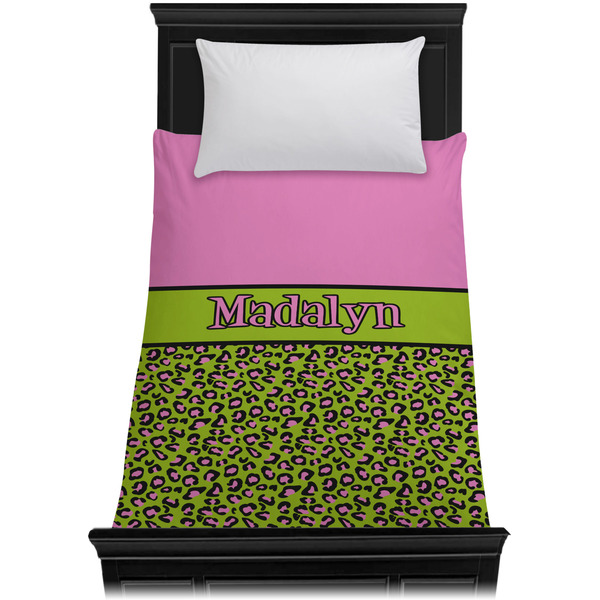 Pink & Lime Green Leopard Duvet Cover - Twin XL - On Bed - No Prop