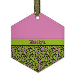Pink & Lime Green Leopard Flat Glass Ornament - Hexagon w/ Name or Text