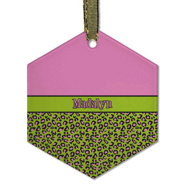Pink & Lime Green Leopard Frosted Glass Ornament - Hexagon