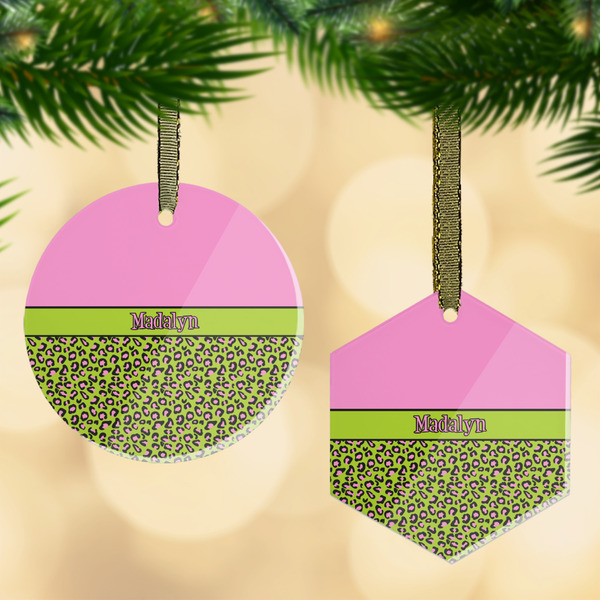 Custom Pink & Lime Green Leopard Flat Glass Ornament w/ Name or Text