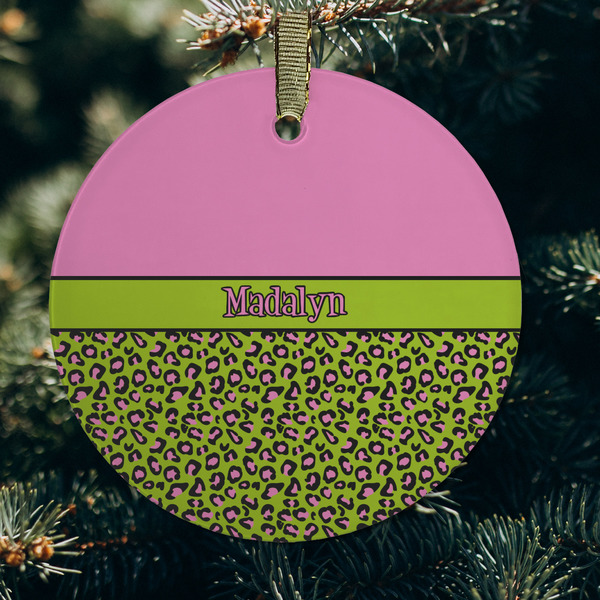 Pink & Lime Green Leopard Frosted Glass Ornament - Round (Lifestyle)