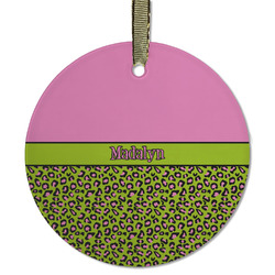 Pink & Lime Green Leopard Flat Glass Ornament - Round w/ Name or Text