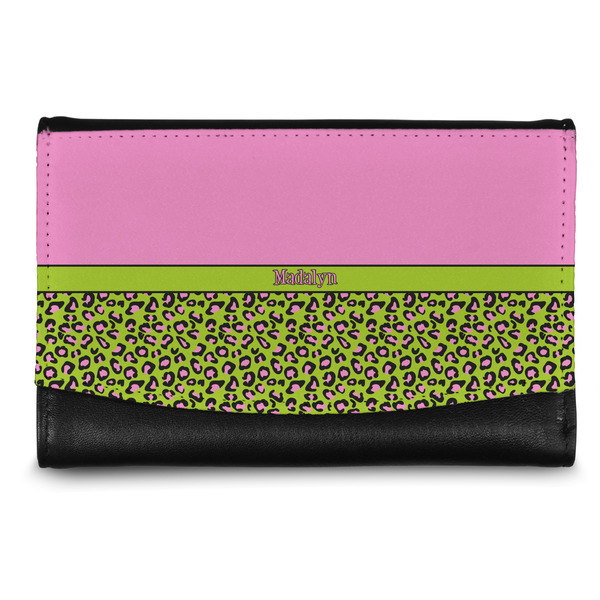 Custom Pink & Lime Green Leopard Genuine Leather Women's Wallet - Small (Personalized)