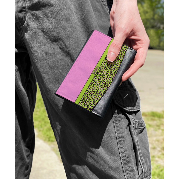 Pink & Lime Green Leopard Genuine Leather Womens Wallet - In Context