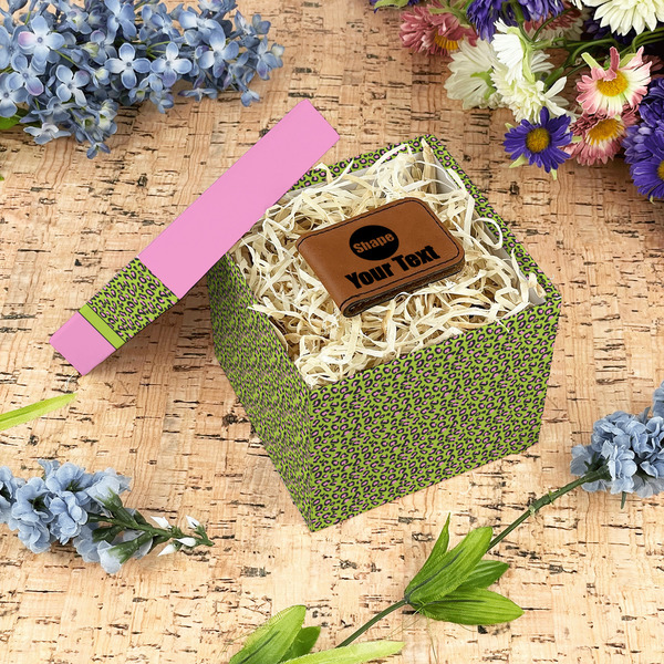 Pink & Lime Green Leopard Gift Boxes with Lid - Canvas Wrapped - Small - In Context