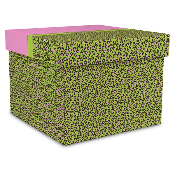 Custom Pink & Lime Green Leopard Gift Box with Lid - Canvas Wrapped - X-Large (Personalized)