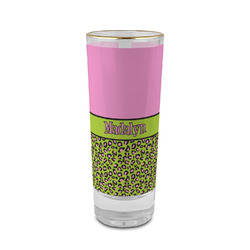 Pink & Lime Green Leopard 2 oz Shot Glass -  Glass with Gold Rim - Single (Personalized)