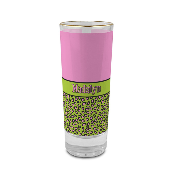 Custom Pink & Lime Green Leopard 2 oz Shot Glass -  Glass with Gold Rim - Set of 4 (Personalized)
