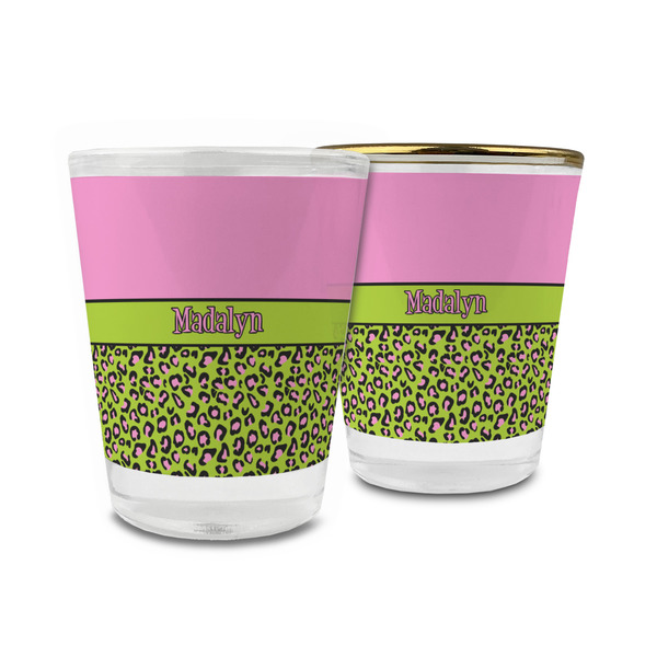 Custom Pink & Lime Green Leopard Glass Shot Glass - 1.5 oz (Personalized)