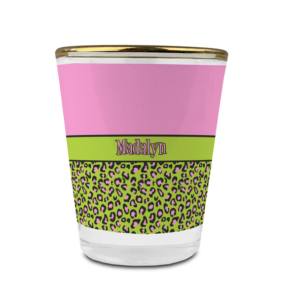 Custom Pink & Lime Green Leopard Glass Shot Glass - 1.5 oz - with Gold Rim - Single (Personalized)