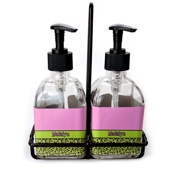 Custom Pink & Lime Green Leopard Glass Soap & Lotion Bottle Set (Personalized)