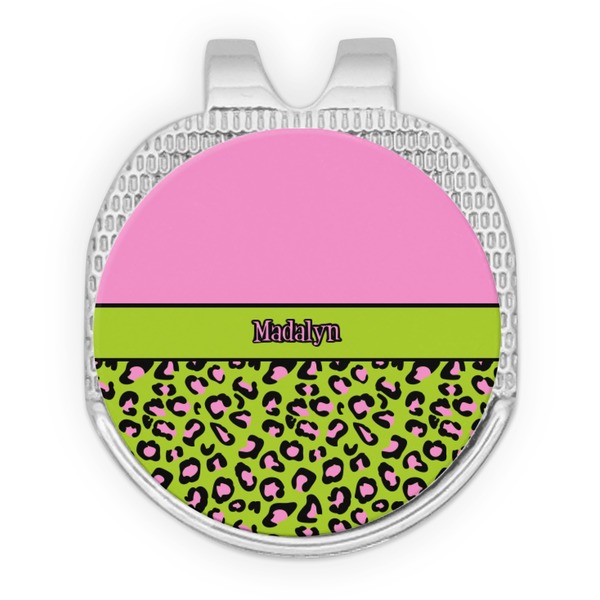 Custom Pink & Lime Green Leopard Golf Ball Marker - Hat Clip - Silver