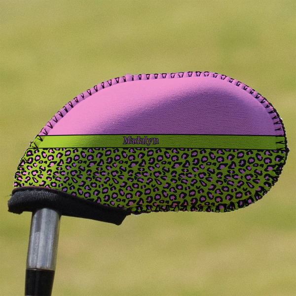 Custom Pink & Lime Green Leopard Golf Club Iron Cover - Single (Personalized)