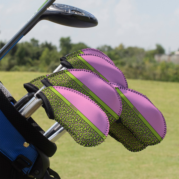 Custom Pink & Lime Green Leopard Golf Club Iron Cover - Set of 9 (Personalized)
