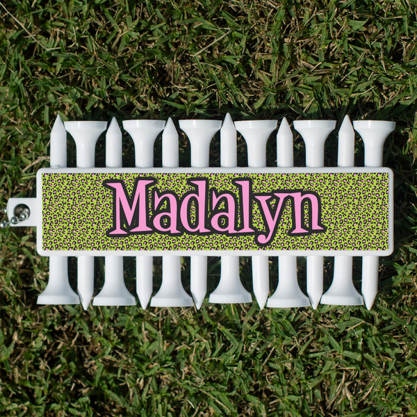 Custom Pink & Lime Green Leopard Golf Tees & Ball Markers Set (Personalized)