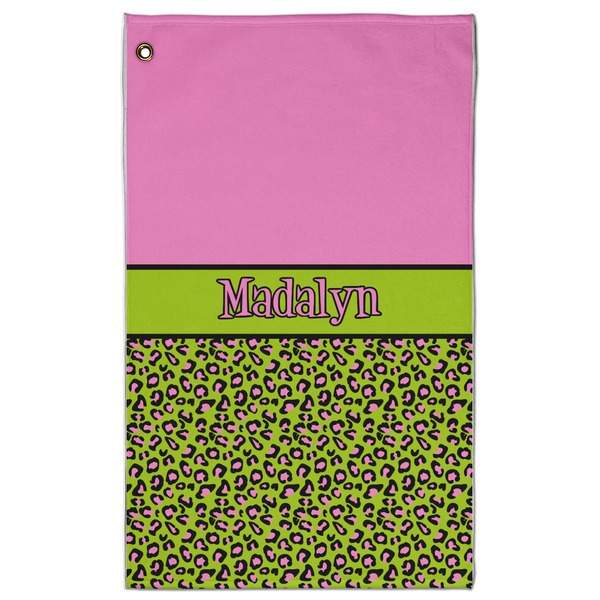 Custom Pink & Lime Green Leopard Golf Towel - Poly-Cotton Blend - Large w/ Name or Text