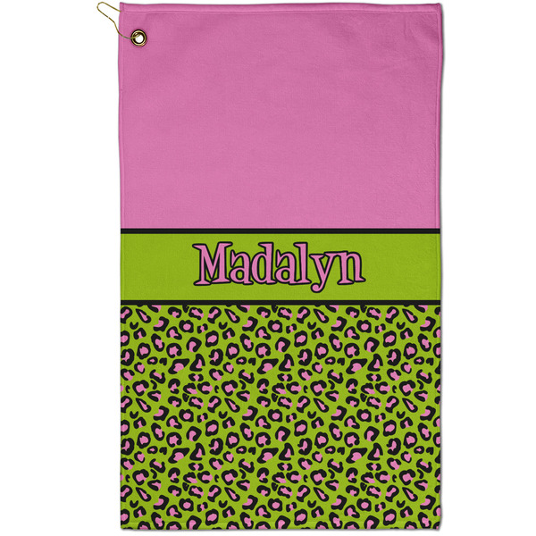 Custom Pink & Lime Green Leopard Golf Towel - Poly-Cotton Blend - Small w/ Name or Text