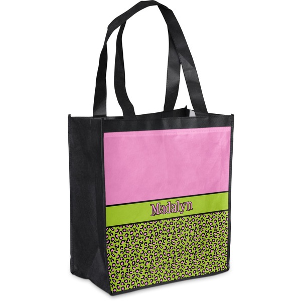 Custom Pink & Lime Green Leopard Grocery Bag (Personalized)