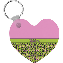Pink & Lime Green Leopard Heart Plastic Keychain w/ Name or Text
