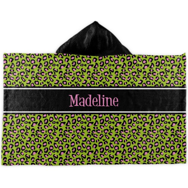 Custom Pink & Lime Green Leopard Kids Hooded Towel (Personalized)