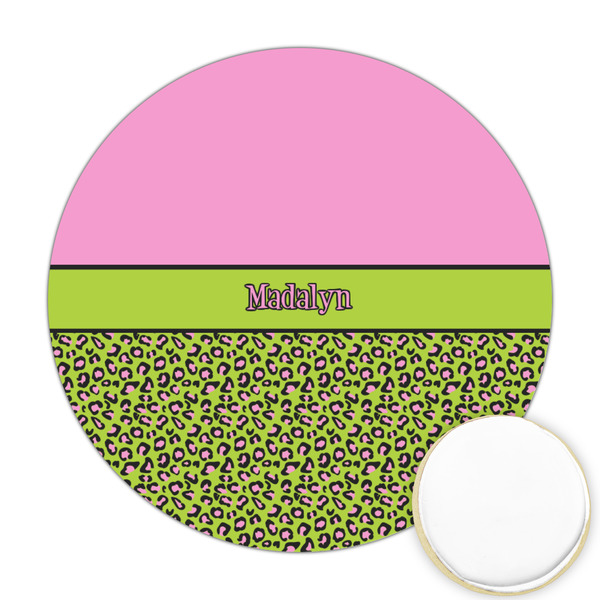 Custom Pink & Lime Green Leopard Printed Cookie Topper - Round (Personalized)