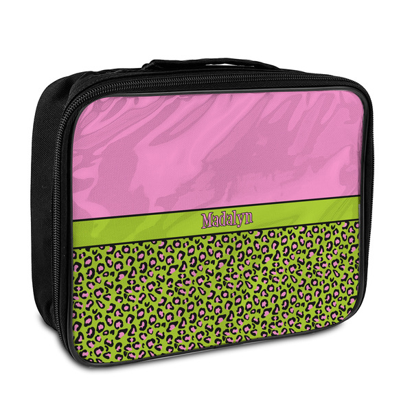 Custom Pink & Lime Green Leopard Insulated Lunch Bag w/ Name or Text