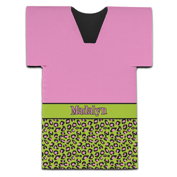 Custom Pink & Lime Green Leopard Jersey Bottle Cooler (Personalized)
