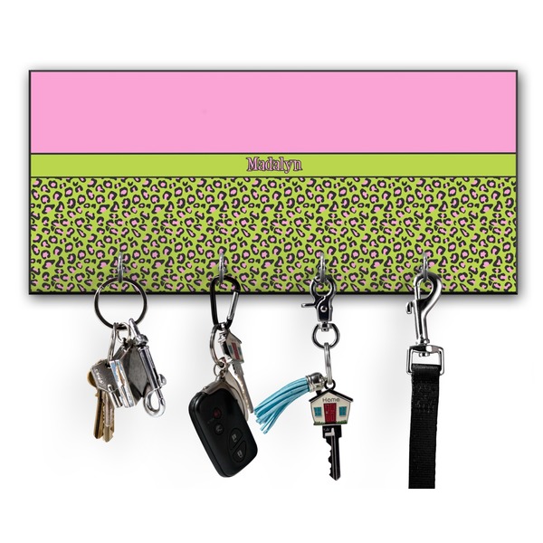 Custom Pink & Lime Green Leopard Key Hanger w/ 4 Hooks w/ Name or Text