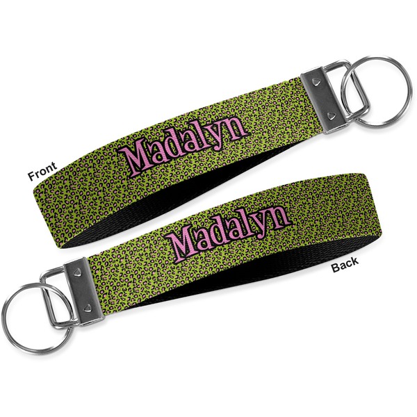 Pink & Lime Green Leopard Key-chain - Metal and Nylon - Front and Back