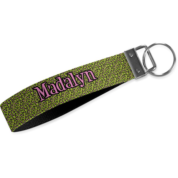 Custom Pink & Lime Green Leopard Wristlet Webbing Keychain Fob (Personalized)