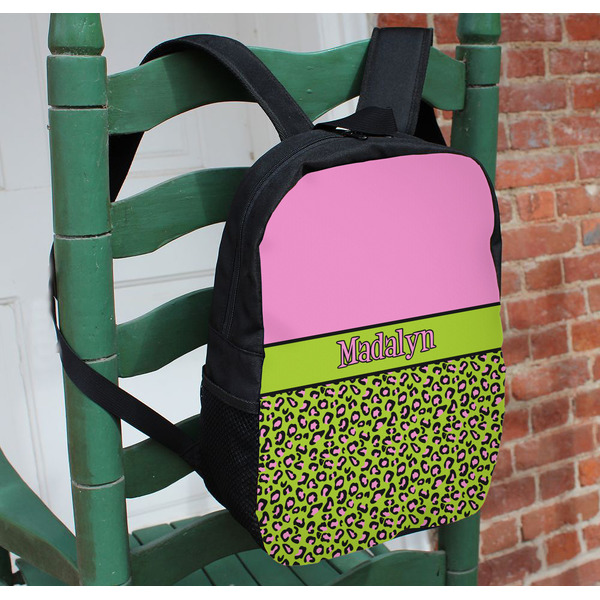 Pink & Lime Green Leopard Kids Backpack - In Context