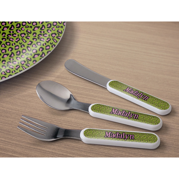 Pink & Lime Green Leopard Kids Flatware w/ Plate
