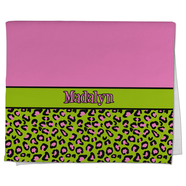 Custom Pink & Lime Green Leopard Kitchen Towel - Poly Cotton w/ Name or Text