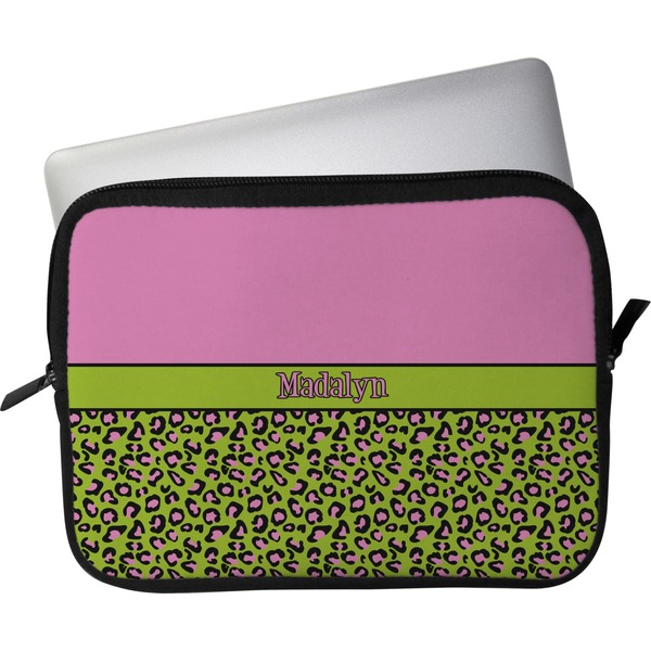 Custom Pink & Lime Green Leopard Laptop Sleeve / Case - 11" (Personalized)
