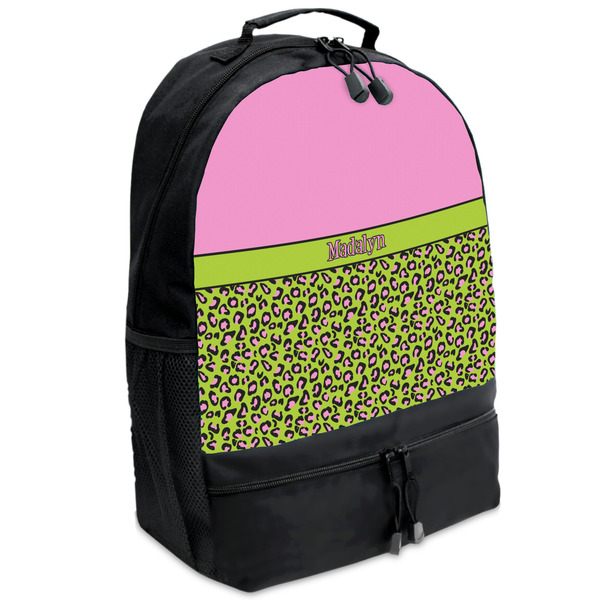 Custom Pink & Lime Green Leopard Backpacks - Black (Personalized)