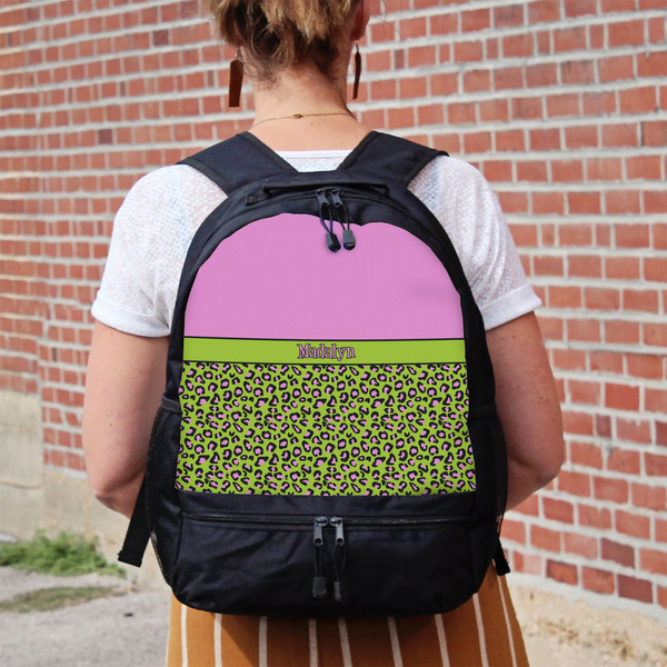 Pink & Lime Green Leopard Large Backpack - Black - On Back