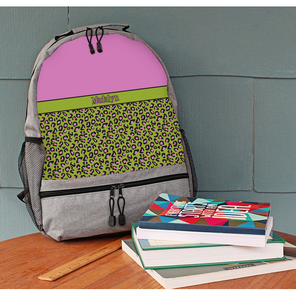 Pink & Lime Green Leopard Large Backpack - Gray - On Desk