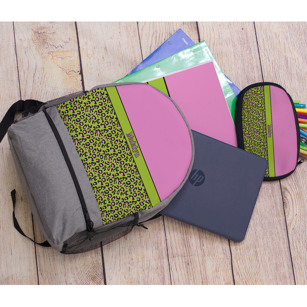 Pink & Lime Green Leopard Large Backpack - Gray - With Stuff