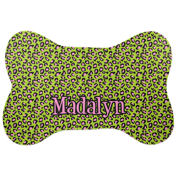 Custom Pink & Lime Green Leopard Bone Shaped Dog Food Mat (Personalized)